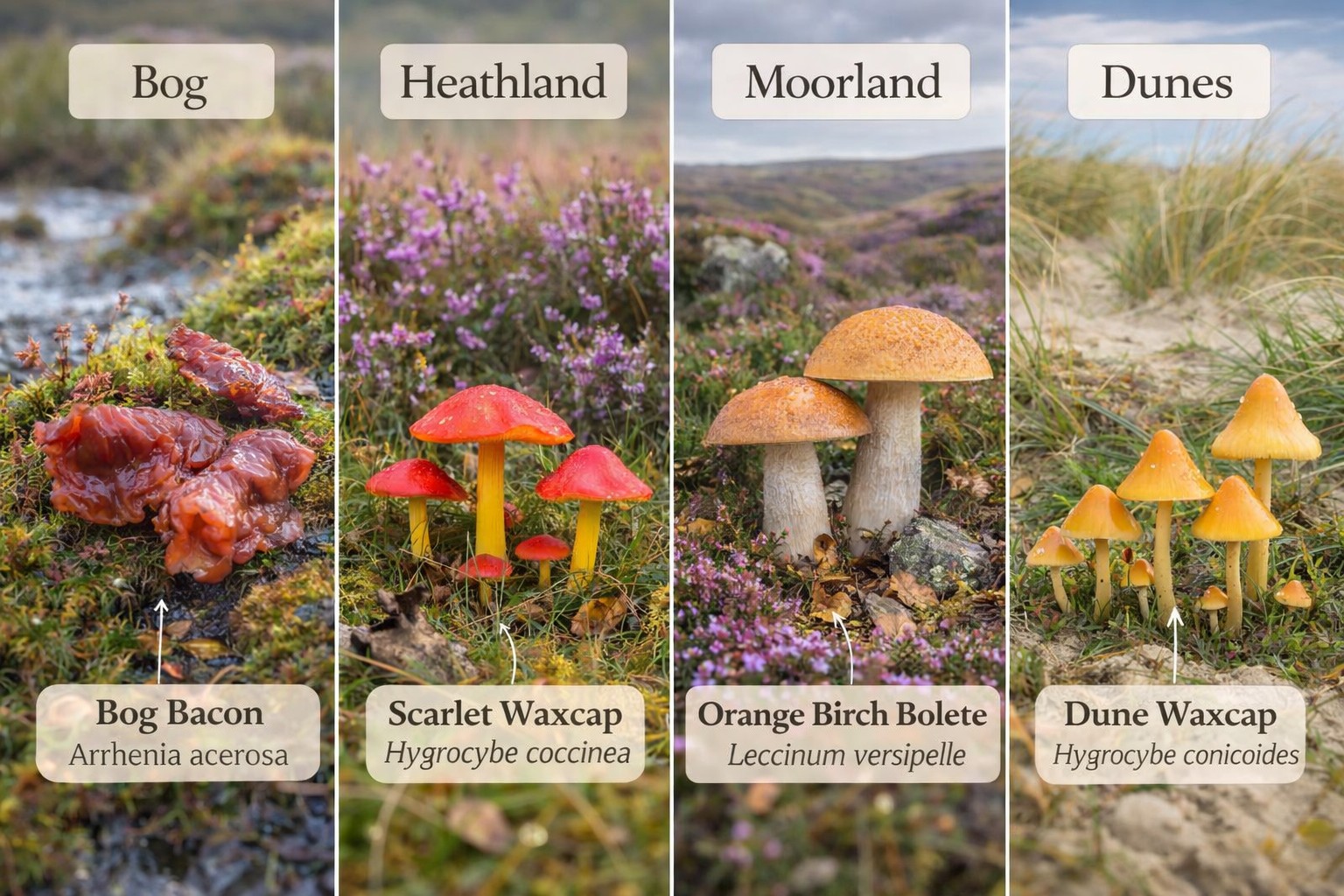 Four-panel fungi habitat image showing bog bacon in wet bog moss, waxcap mushrooms in heathland, fungi on moorland terrain, and yellow waxcaps growing in coastal sand dunes.